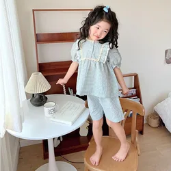 Pijama algodón a cuadros para niña – Conjunto fresco manga corta