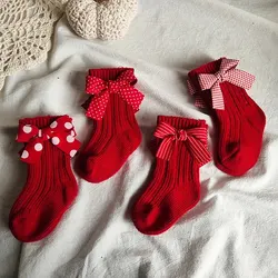 Calcetines de niña con lazo grande – Algodón suave rojo