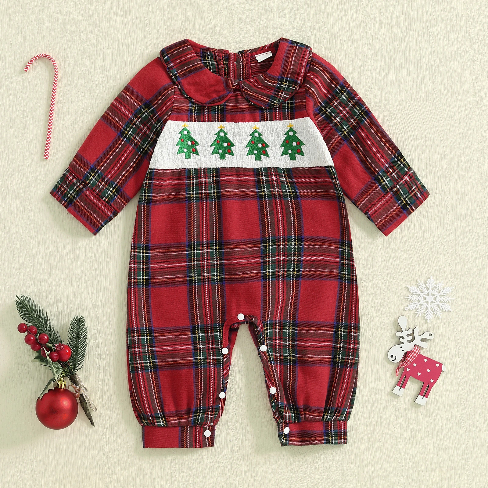 Pelele de Navidad a cuadros para bebé de 0 a 18 meses, mono de manga larga con cuello de muñeca bordado de árbol, ropa bonita para invierno y otoño