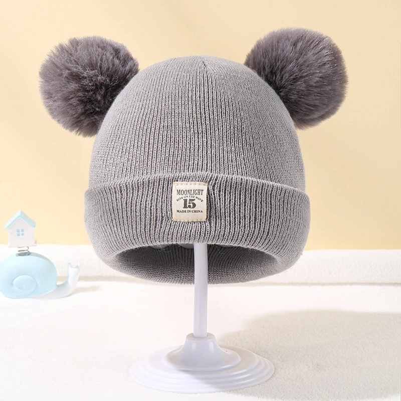 Gorros de punto cálidos para bebé, gorro con orejas de felpa de dibujos animados para niño, gorro de Color sólido, accesorios para niño y niña, Otoño e Invierno - imagen 4
