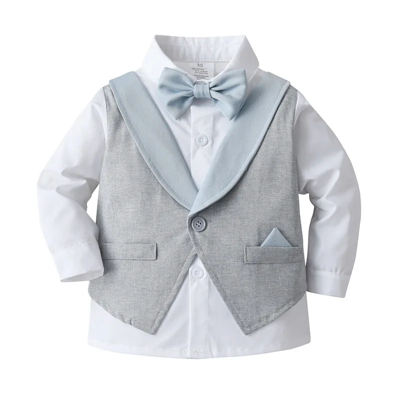 Conjunto de ropa de manga larga para bebés, chaleco falso con pajarita, dos camisas, pantalones, 2 piezas, trajes de vestido de fiesta de cumpleaños, ropa Formal - imagen 3