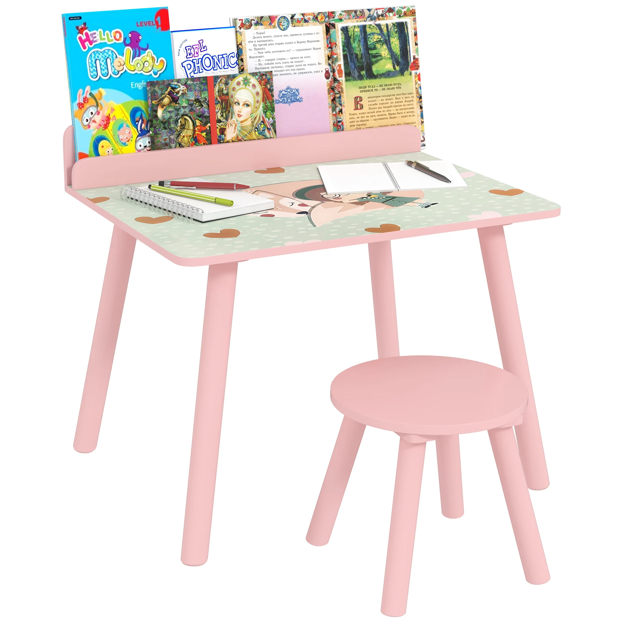 AIYAPLAY Mesa y Silla Infantiles de 2 Piezas Mesa Infantil con Silla y Estante para Libros Escritorio para Niños de +3 Años para Sala de Juegos