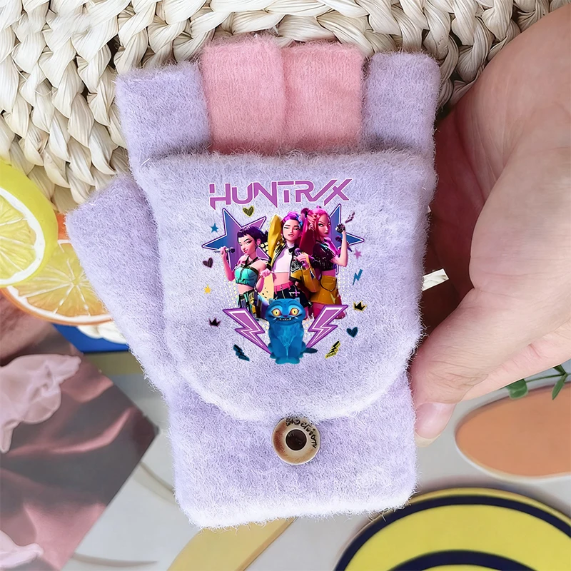 Guantes con tapa de medio dedo para niños y niñas, K Pop Demon Hunters, moda de dibujos animados, guantes de invierno, Unisex, cálido, regalo de cumpleaños para niños y Navidad - imagen 4
