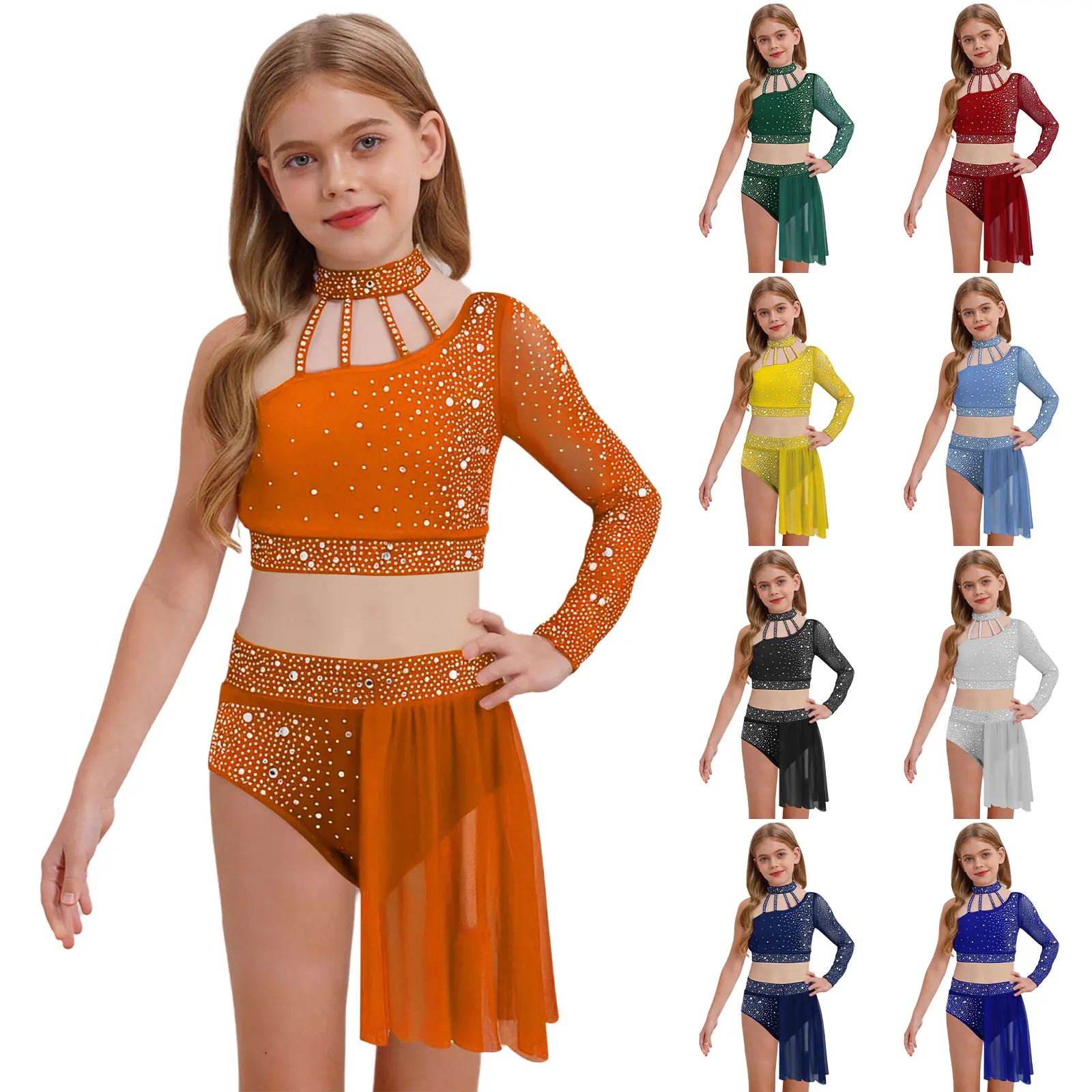 Conjuntos de baile de Ballet para niñas, traje de baile lírico con cuello Halter, Top corto de manga larga con diamantes de imitación brillantes y trajes de falda Irregular - imagen 2