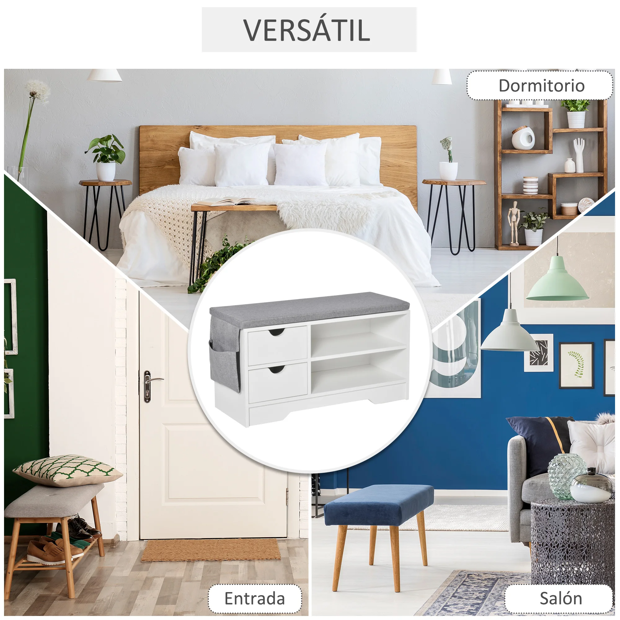 HOMCOM Banco Zapatero con Asiento 2 Estantes Bolso Cojín Extraíble y 2 Cajones Banco Recibidor Capacidad para 4 Pares de Zapatos para Entrada Pasillo Moderno 80,5x30,5x43,5 cm Blanco y Gris - imagen 5