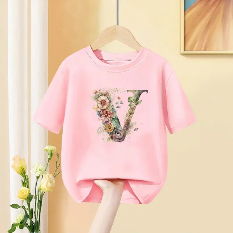 Camiseta para niñas con nombre personalizado, camiseta con estampado combinado de letras, letras de flores, fuente A B C D E F G, camisetas rosas de manga corta para niños - imagen 5