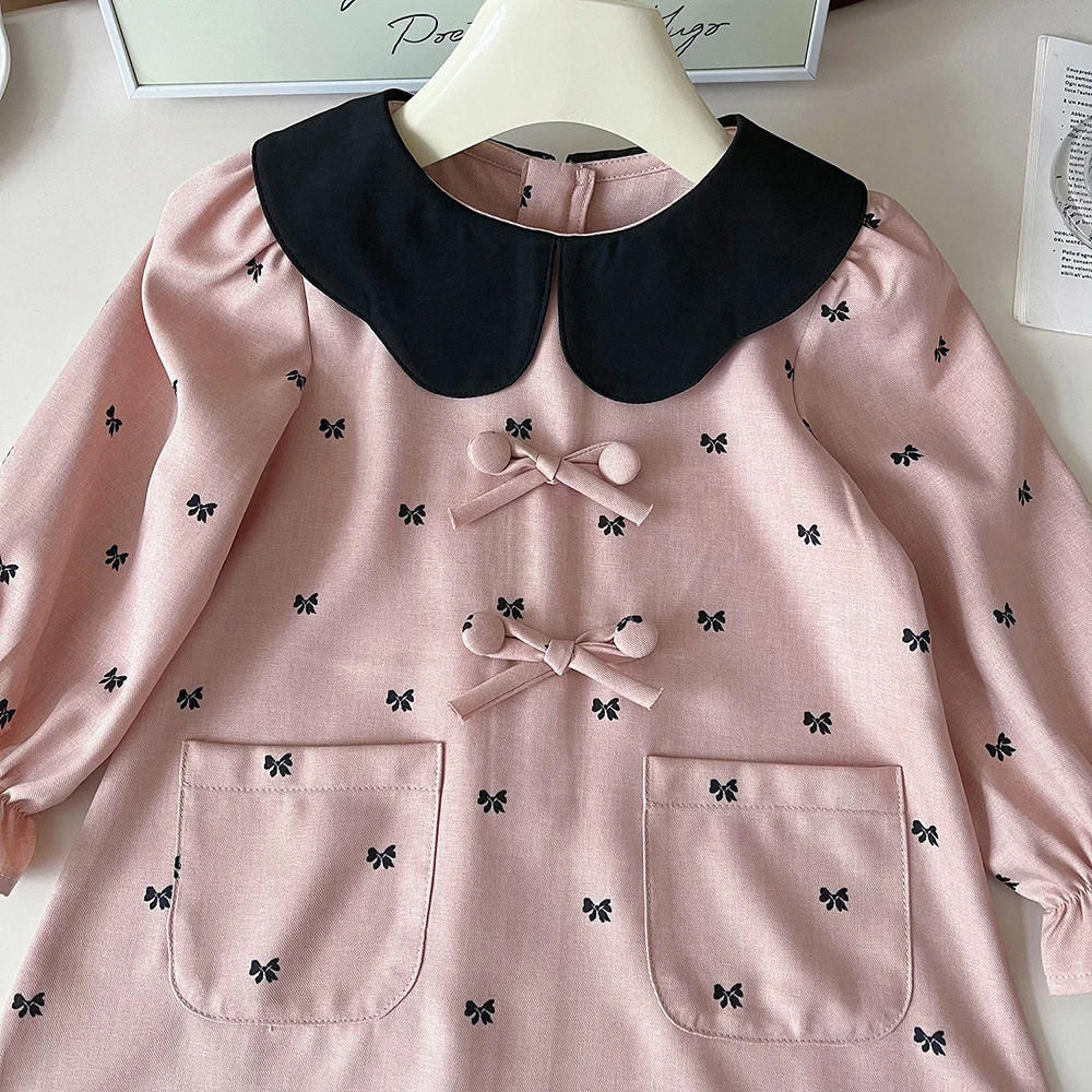Milangel-vestidos de otoño para niños, ropa de princesa de retazos, dulce vestido de lazo con cuello Peter Pan para niñas de 2 a 7 años, novedad - imagen 4