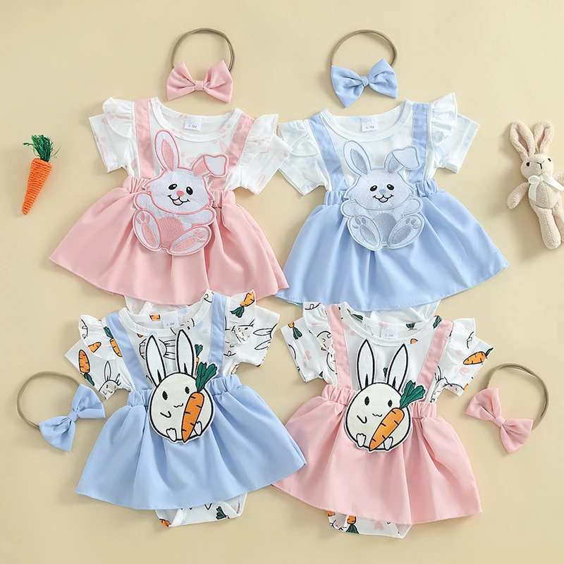 Peleles para niñas de 0 a 18 meses, vestido de Pascua, ropa de manga corta, falda bordada de zanahoria y conejo, monos con dobladillo y diadema