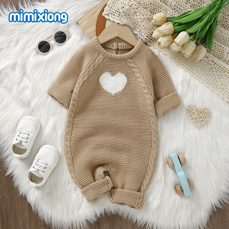 Peleles de bebé Otoño Invierno de manga larga tejidos para recién nacidos, monos con forma de corazón para niños y niñas de 0 a 18m, trajes de invierno de una pieza para niños pequeños - imagen 3
