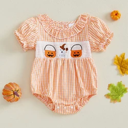 VISgogo Mameluco a cuadros de Halloween para niña, manga corta abombada, cuello redondo con volantes, mono bordado de calabaza