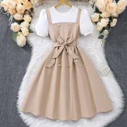 Vestido verano manga corta caqui y blanco para niña ocho a doce años