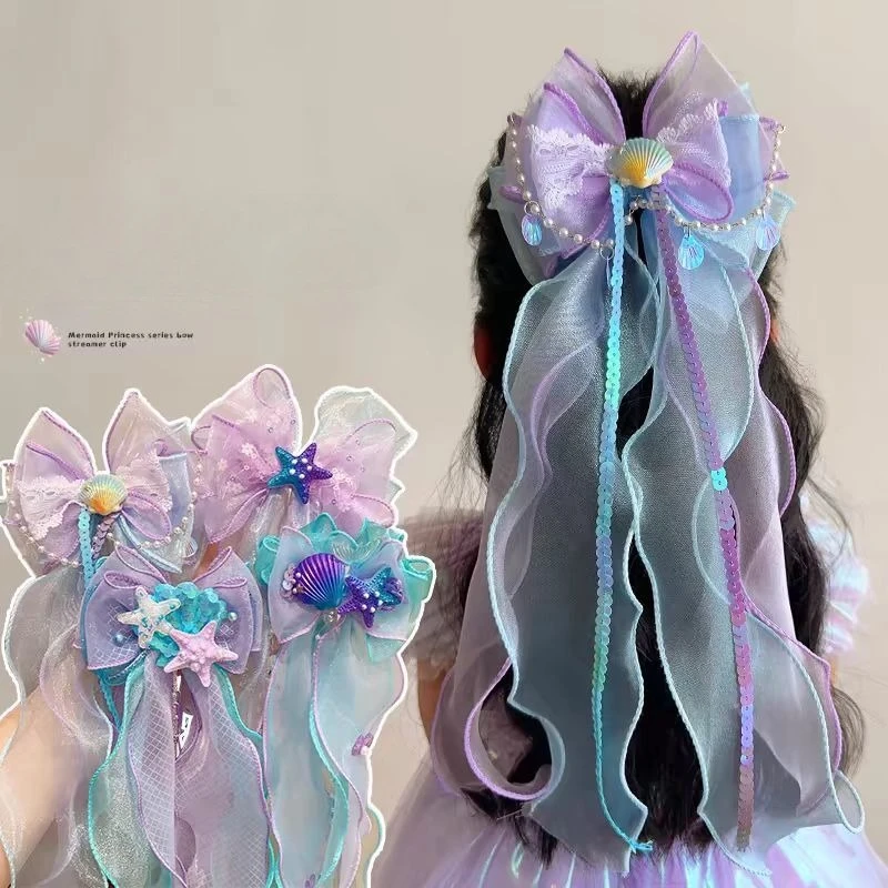 1 pieza dulce sirena de dibujos animados niños niña Clip de pelo azul púrpura brillo mancha Color perla borla horquilla moda sombreros para niños - imagen 2
