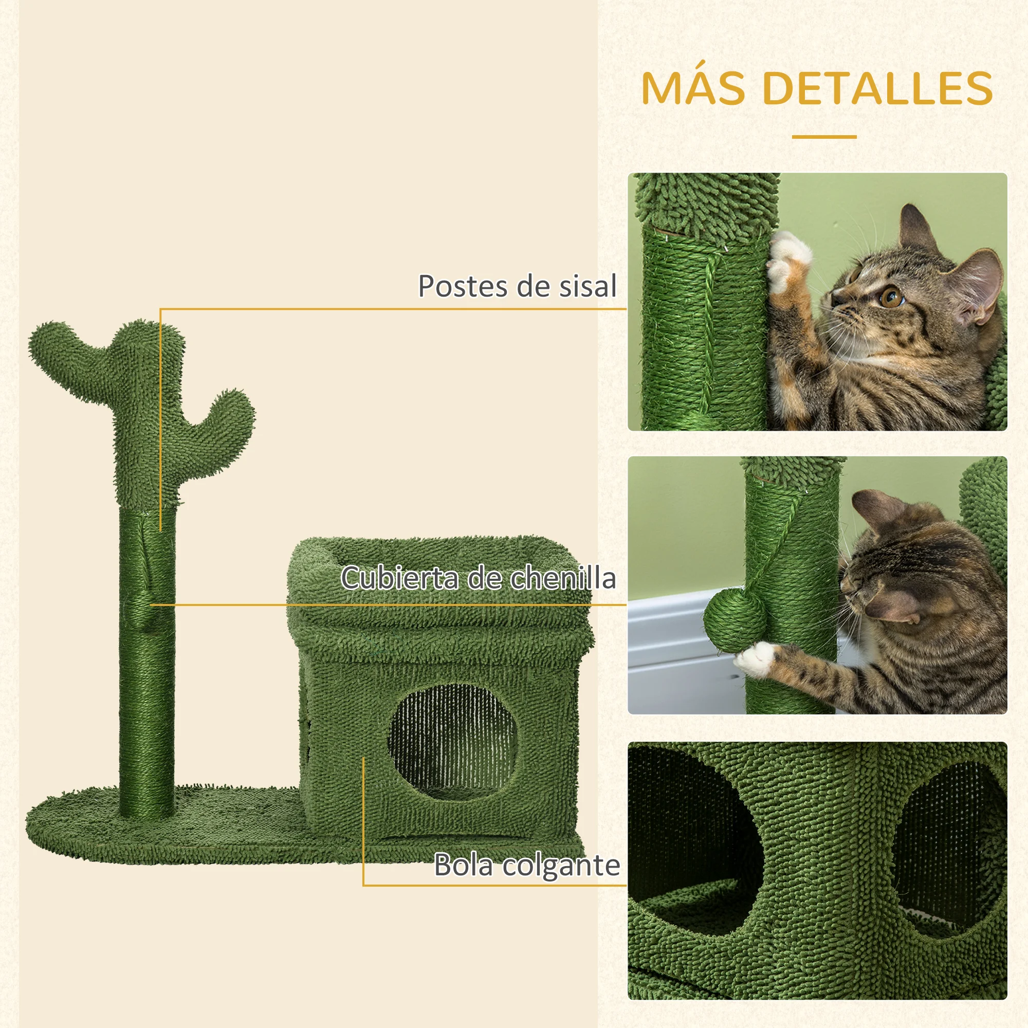 PawHut Árbol Rascador para Gatos Diseño de Cactus Altura 83 cm Torre para Gatos con Cama Caseta de Felpa Poste de Sisal y Bola Colgante 68x30x67 cm Verde - imagen 5