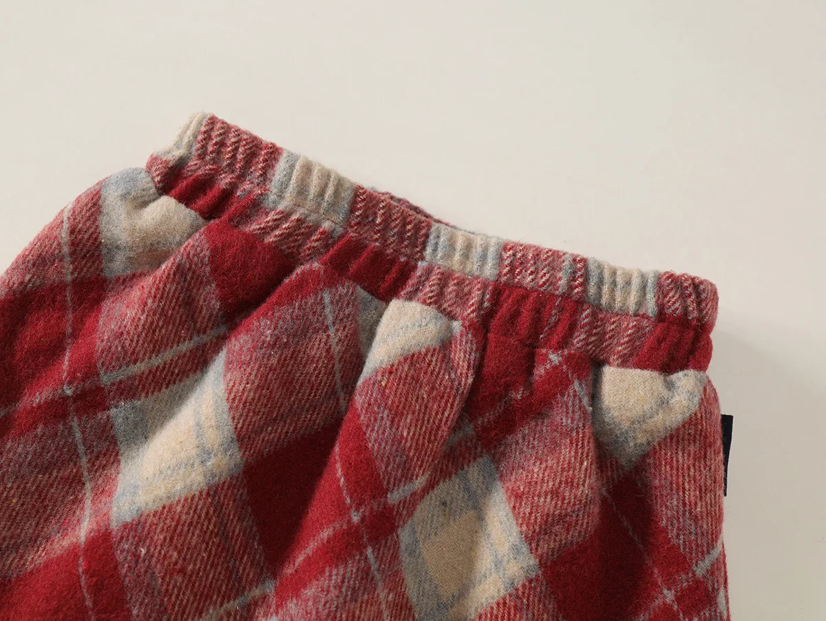 2025 otoño niñas coreanas rojo Vintage a cuadros A-line falda mezcla de lana niño niña moda Midi falda - imagen 3