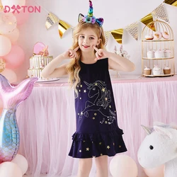 DXTON Vestido princesa de algodón para niñas con unicornio