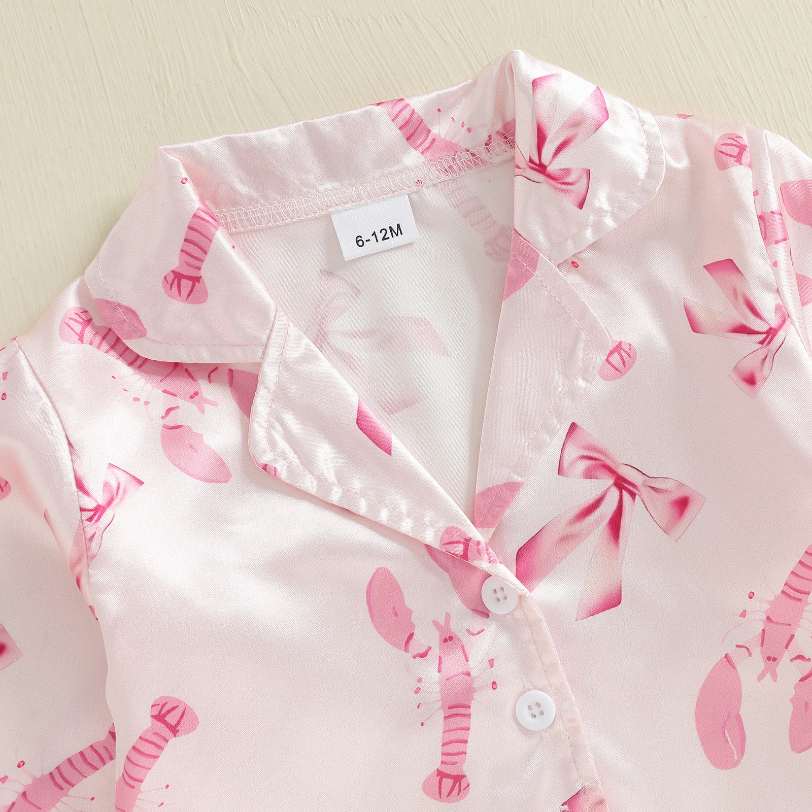Conjunto de pijamas para niñas de 1 a 4 años, camisa de manga larga con botones y estampado de langosta y lazo con ribete de plumas y pantalones elásticos para ropa de descanso - imagen 3
