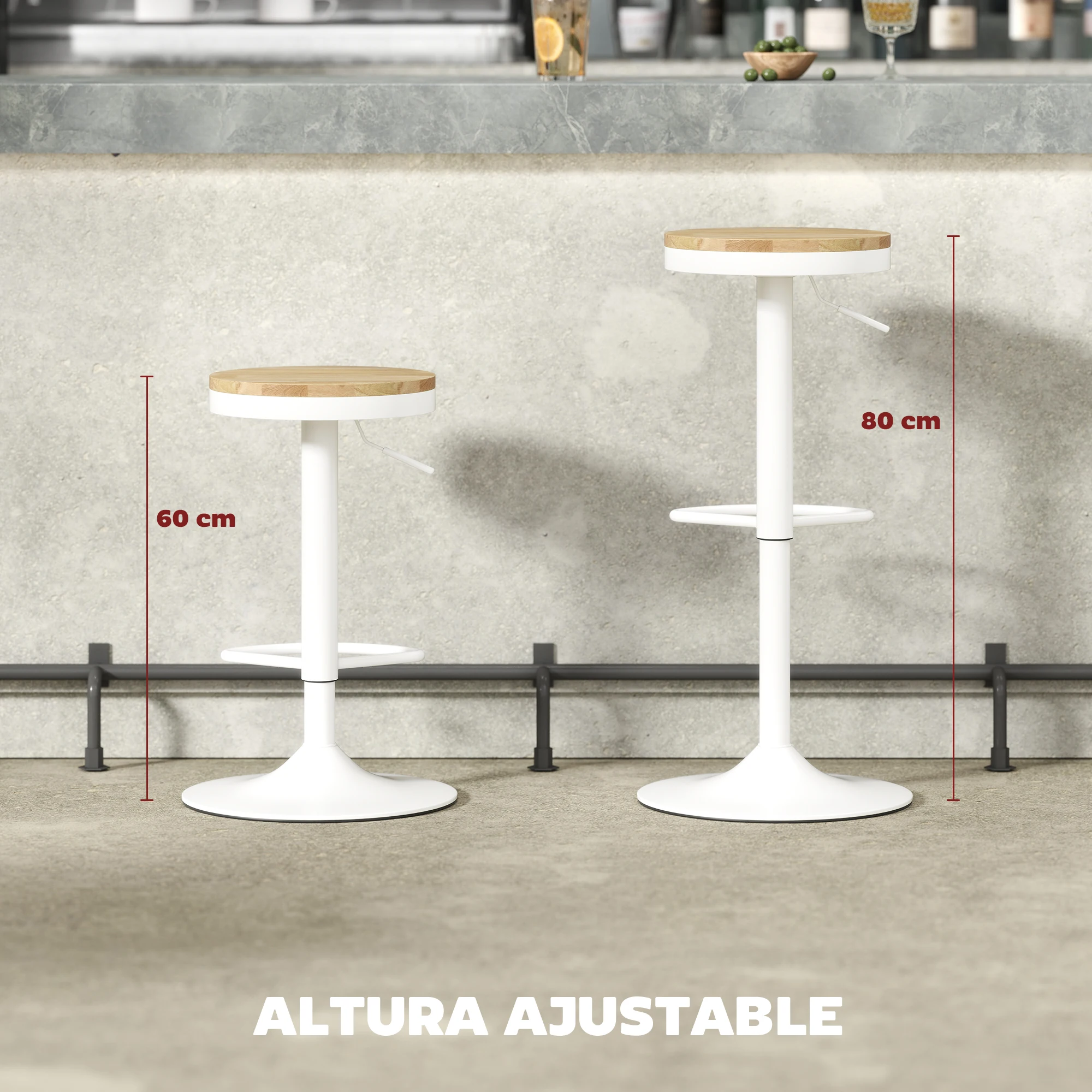 HOMCOM Juego de 2 Taburetes de Bar Giratorios Taburetes Altos de Cocina con Altura Ajustable 60-80 cm Asiento de Madera Marco de Acero y Reposapiés para Comedor Mostrador Natural y Blanco - imagen 4