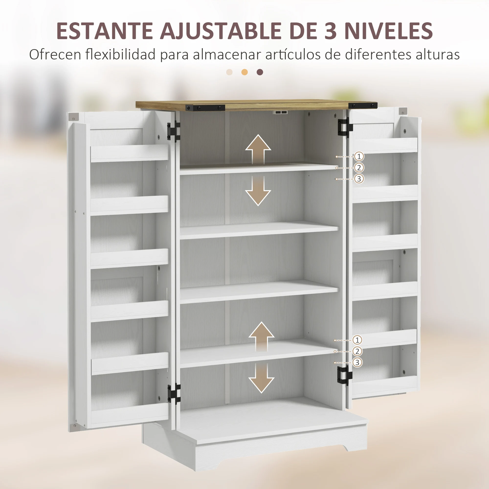 HOMCOM Armario Despensa Cocina Armario de Cocina con 2 Puertas y 16 Estantes Alacena Rústica con Estantes Ajustables para Comedor Salón 60x40x104 cm Crema - imagen 5