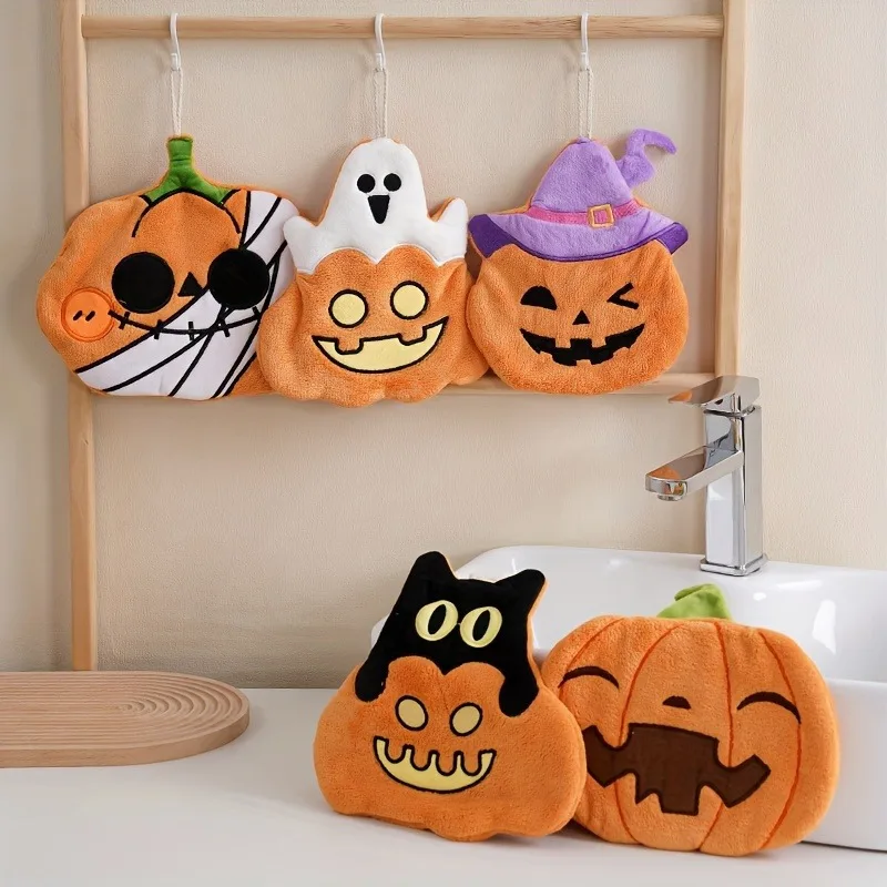 1/5 Uds. Toallas de mano de Halloween, toalla de pirata fantasma de calabaza de lana Coral ultraabsorbente con lazo colgante para el hogar y la cocina