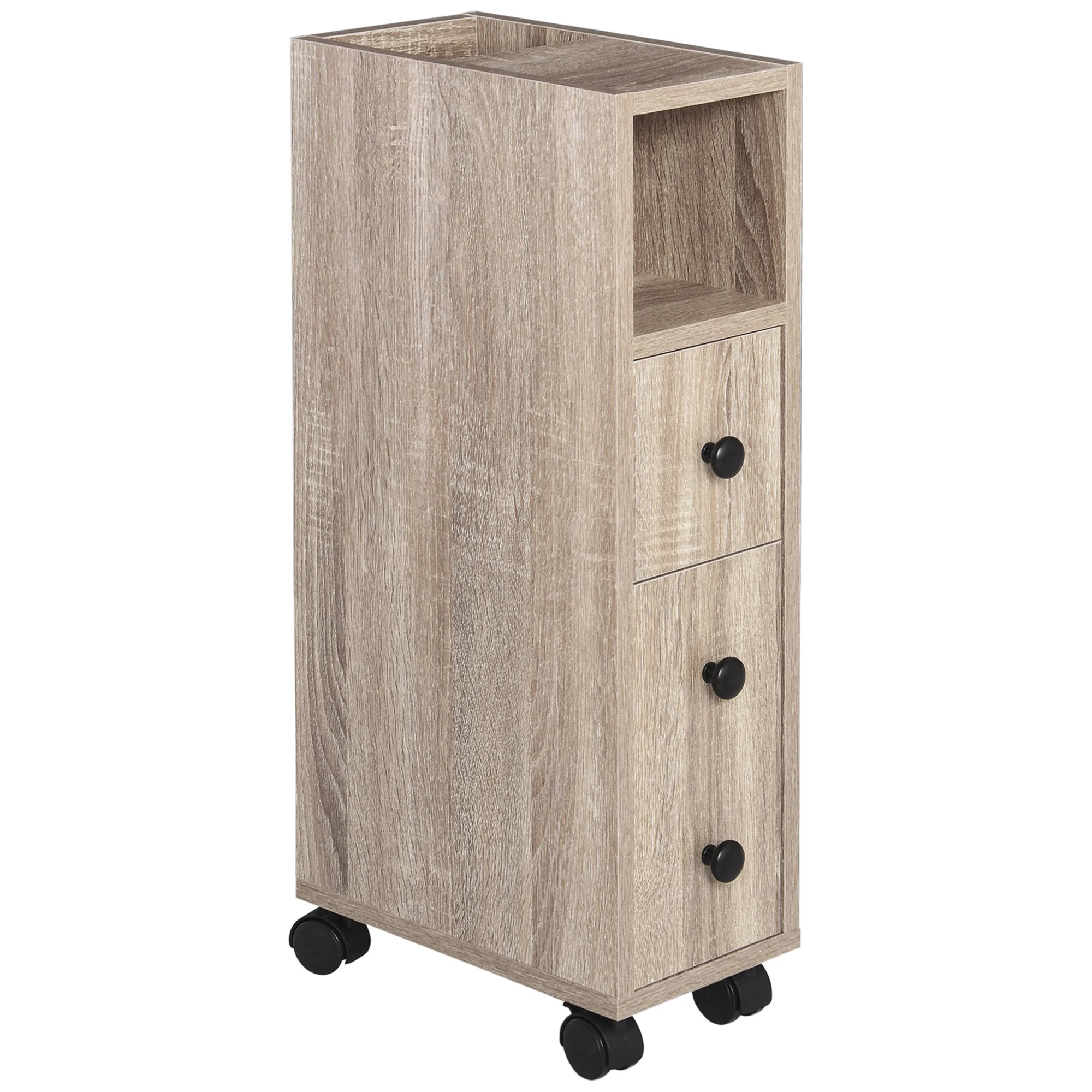 kleankin Armario de Baño Mueble para Baño con Ruedas Universales 2 Frenos Estantes Armario Cajón 18x30x68,5 cm Madera Roble - imagen 2