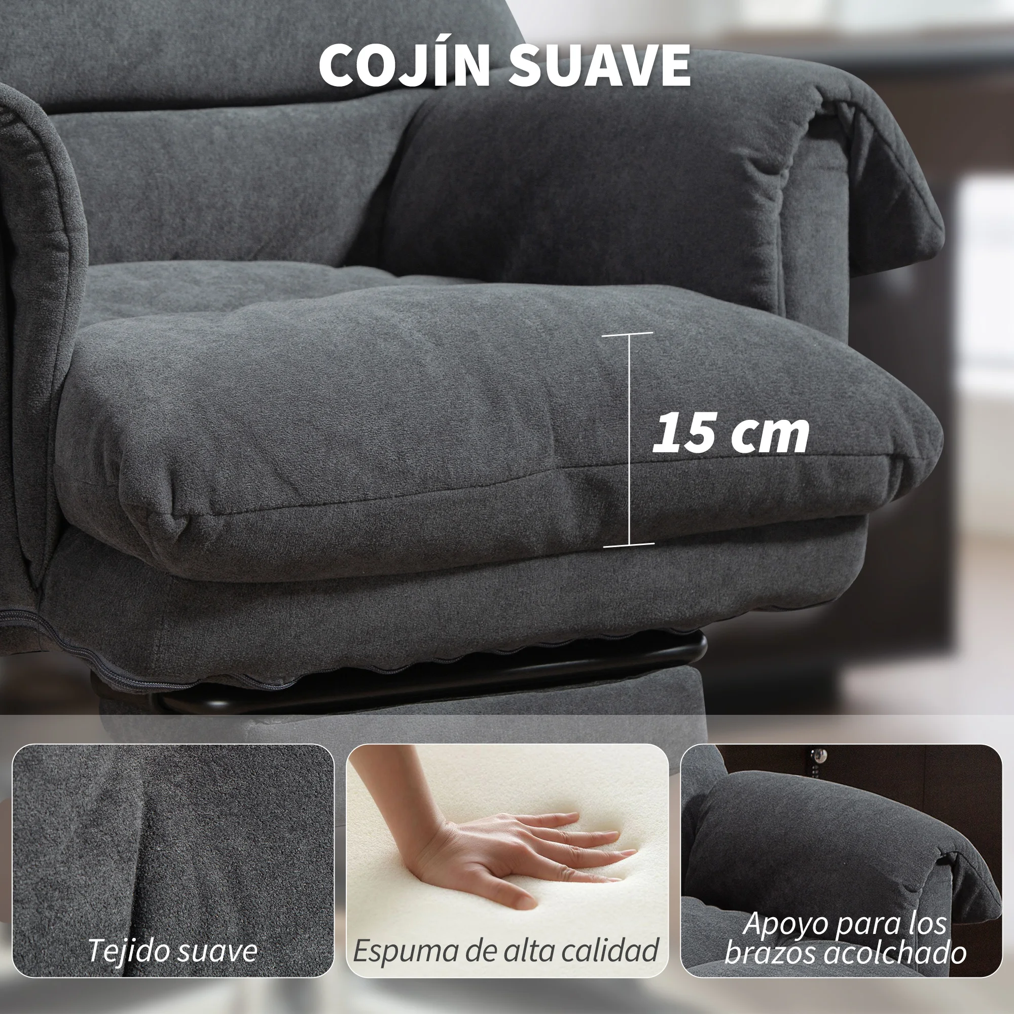 HOMCOM Silla de Escritorio con Reposapiés, Silla de Oficina Giratoria, con Respaldo Reclinable y Alto, Asiento y Reposabrazos Anchos, Acolchado Grueso, Tapizada en Terciopelo, Altura Ajustable, Gris - imagen 5