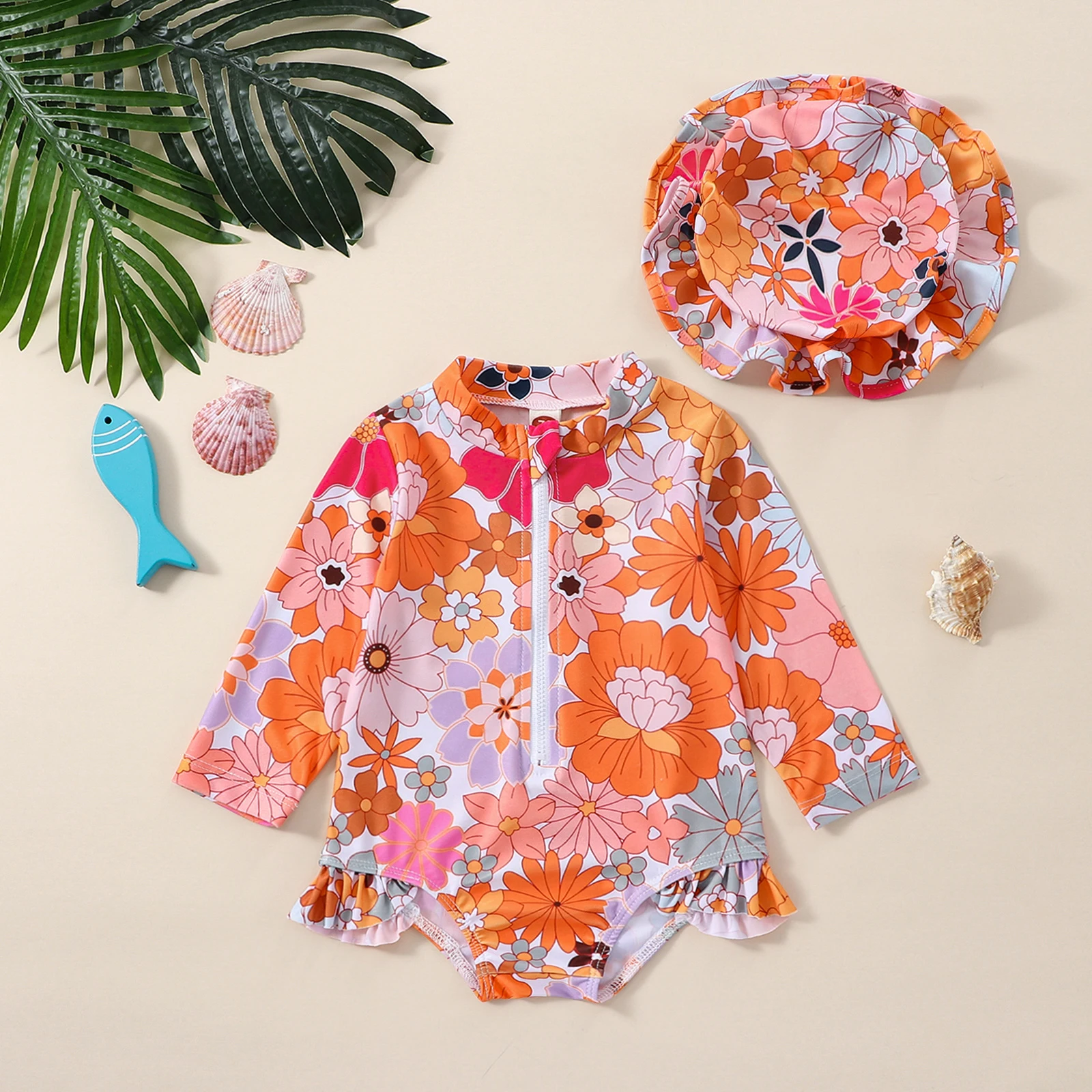 Traje de baño infantil con sombrero para niña – Estampado floral manga larga - imagen 3