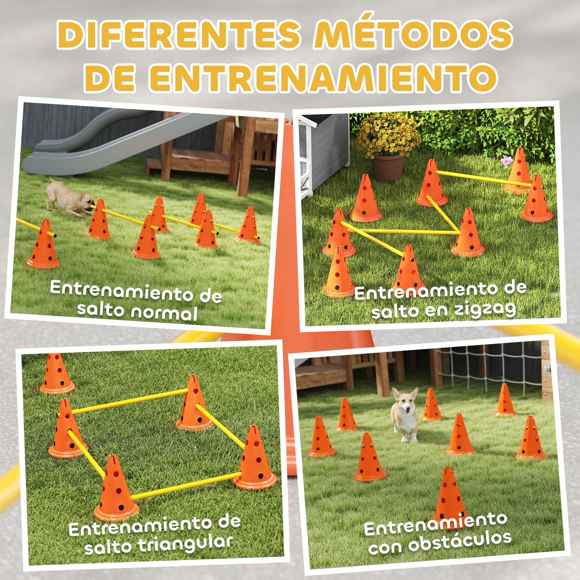 PawHut Juego de Agilidad para Perros, Vallas de Obstáculos de Entrenamiento de Coordinación, 8 Conos 30 cm de Altura, 4 Barras 80 cm de Longitud y Bolsa de Transporte, para Deporte de Fútbol y Perros - imagen 4