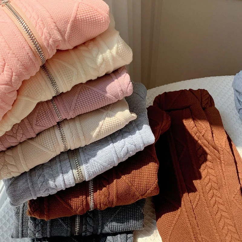 Conjunto de ropa de otoño para niñas, abrigo con capucha y cremallera de algodón, pantalones acampanados lisos sueltos, trajes para niñas, 2 uds. - imagen 4