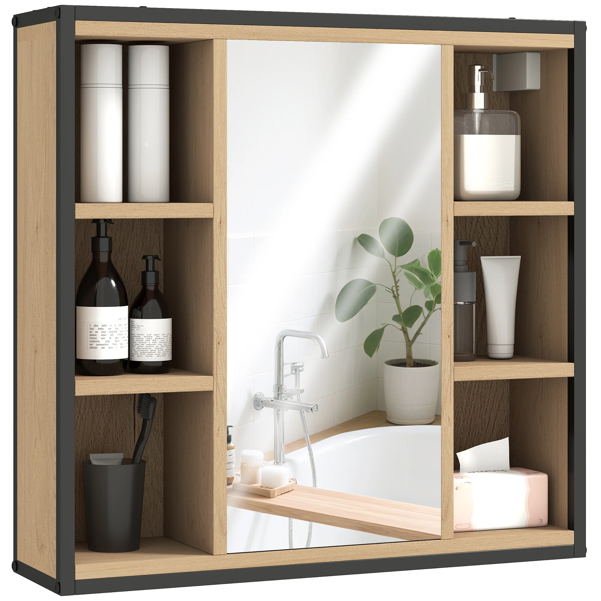 HOMCOM Armario de Baño con Espejo Armario de Pared Mueble de Baño con Estante Ajustable y 6 Compartimentos Abiertos 60x16x58,5 cm Roble - imagen 2