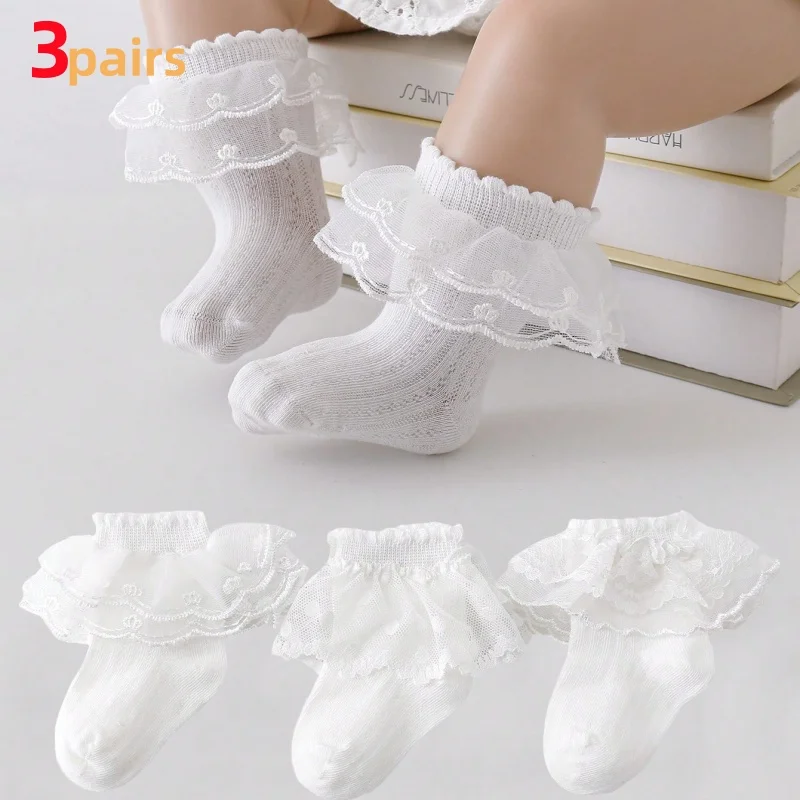 3 par/lote calcetines para niños para niñas encaje volantes verano malla fina calcetines para niños pequeños calcetines blancos de algodón de princesa para niños nuevo