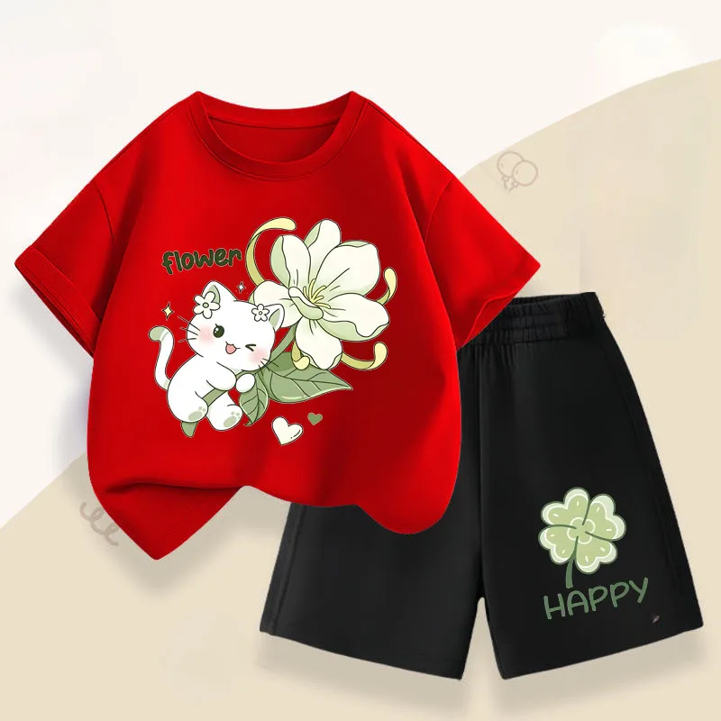 Conjuntos informales de verano para niñas, conjuntos de camisetas de manga corta para niños, camiseta transpirable, pantalones cortos, traje de dos piezas, ropa de vacaciones - imagen 4