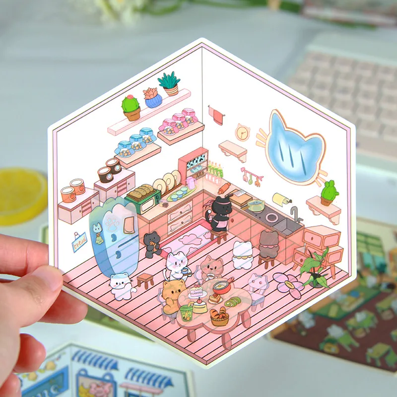 Casa de fantasía de animales de dibujos animados 3D, pegatina de escena en miniatura DIY, escena de cabina de bolsillo, apilamiento, pegado, regalo de Festival para - imagen 4