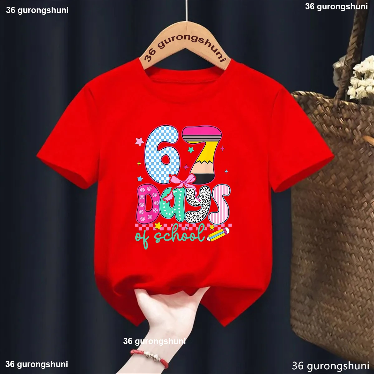 Camiseta con estampado de lazo de estrellas de 67 días de escuela, ropa Kawaii para niños y niñas, Tops de verano, camisa de manga corta, camiseta informal sólida - imagen 2