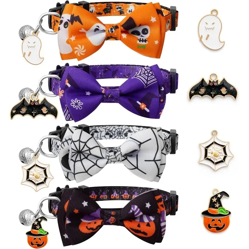 Collar de gato de Halloween con pajarita y campana, Collar de gatito ajustable para gatito, gatos adultos, suministros para mascotas, 1/4 Uds.