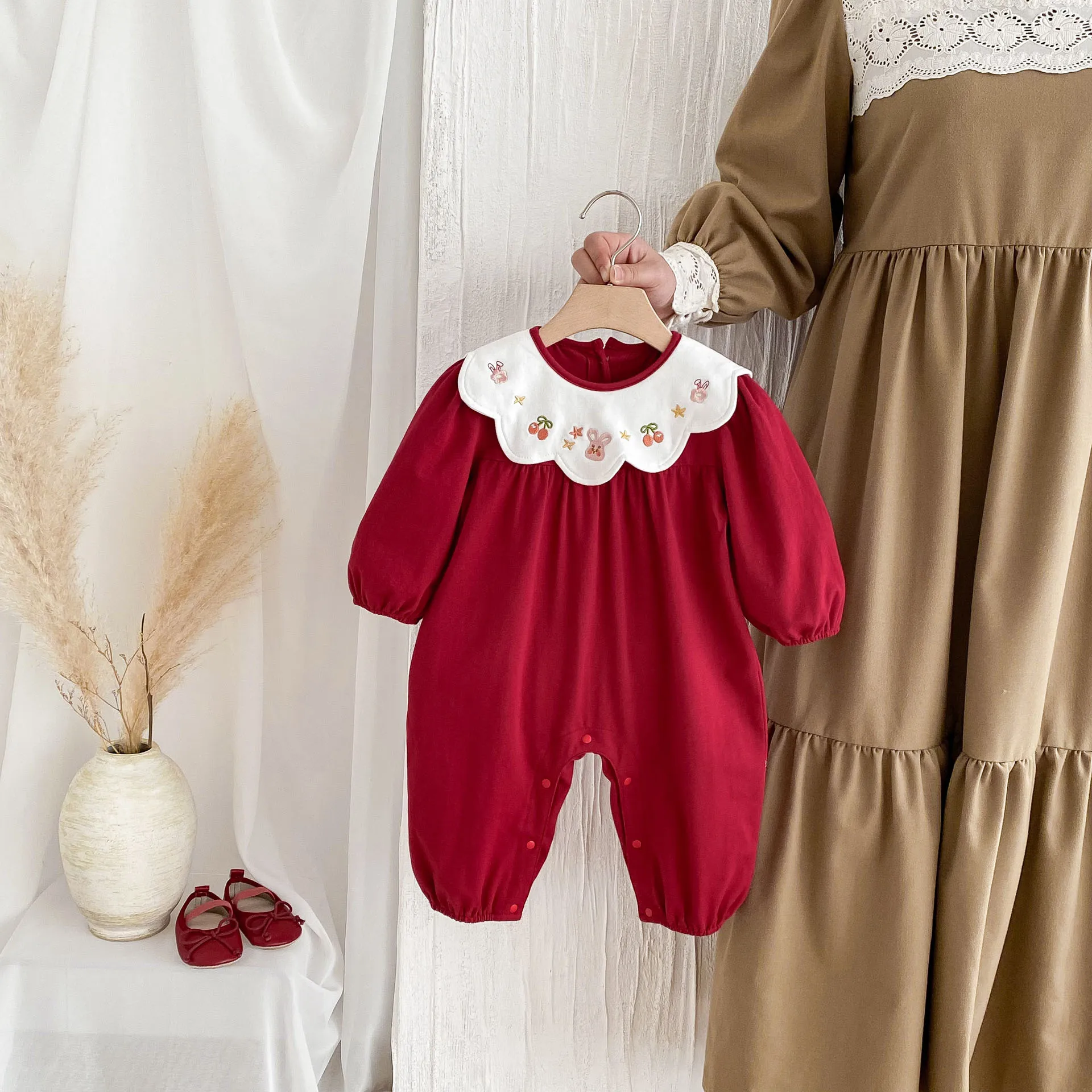 Ropa de Año Nuevo, disfraz de Navidad, pelele para niña pequeña, mono rojo de manga larga de algodón con conejo para bebé