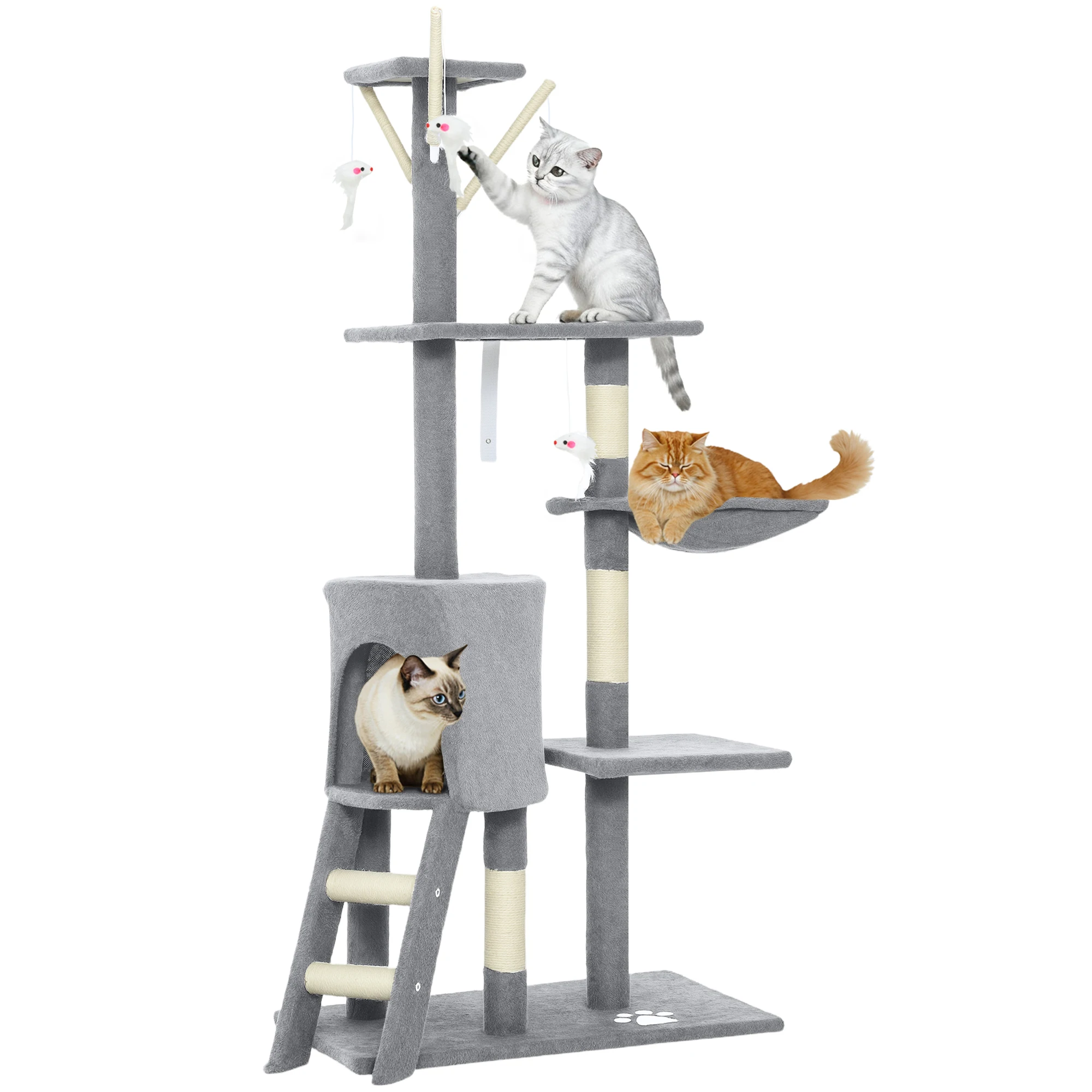 PawHut Árbol Rascador para Gatos Grande, Árbol para Gatos, Altura 134 cm, Torre de Escalada con 6 Postes de Sisal, 3 Plataformas, 1 Cueva, 1 Hamaca, 1 Escalera, 4 Juguetes Colgantes