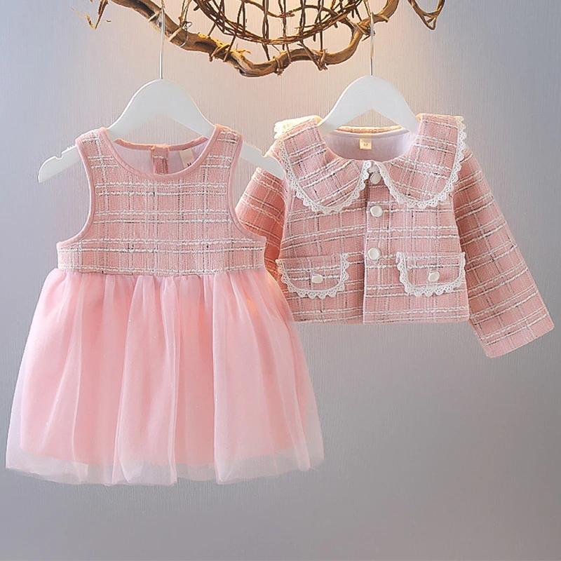 Ropa de primavera y otoño para niña, abrigo con cuello de muñeca a cuadros a la moda coreana + vestido de malla sin mangas, trajes de Boutique para bebé BC133, 2 piezas