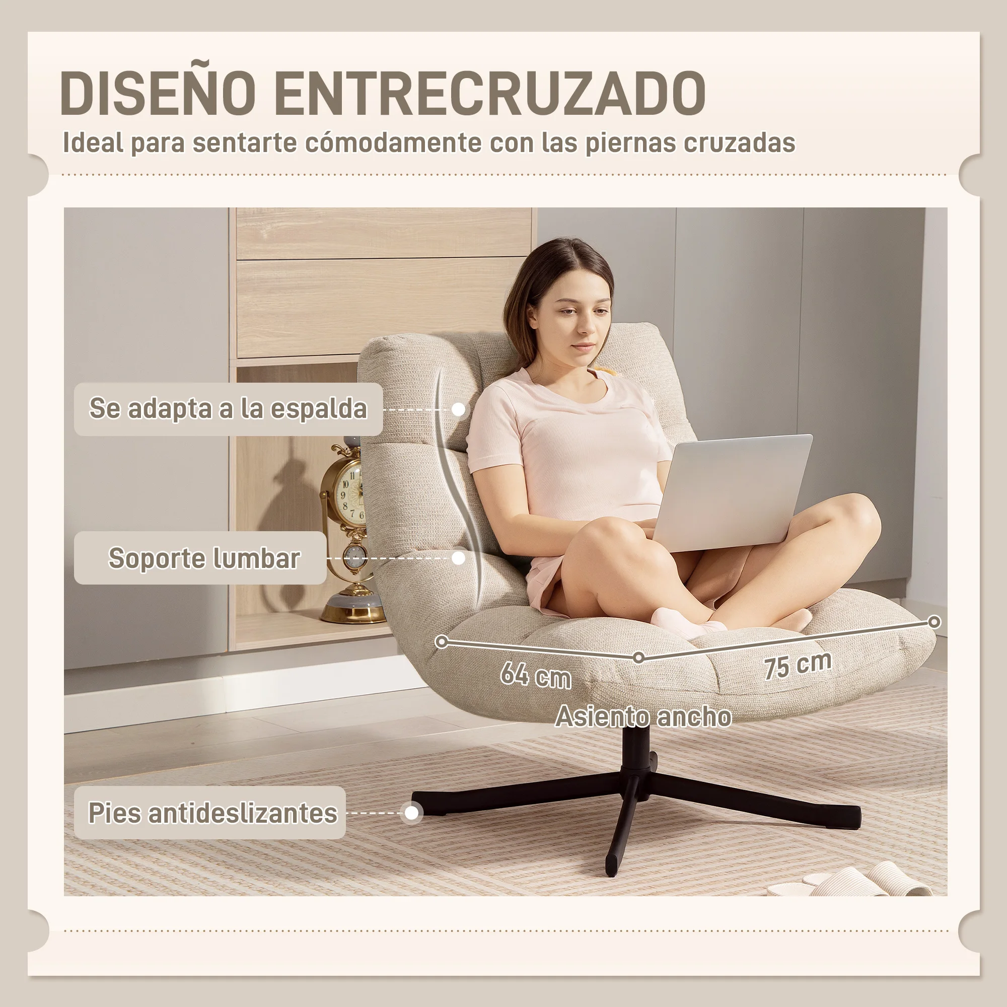 HOMCOM Sillón Giratorio Moderno, Butaca de Salón con Base de Cruz, Tapizado en Chenilla Impermeable, Asiento Extra Ancho y Patas de Acero, Sillón Relax para Sala de Estar, Dormitorio, Blanco Crema - imagen 4