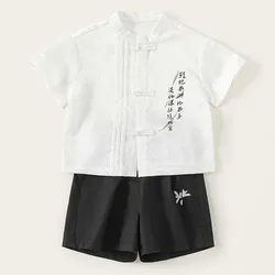 Ropa de verano de 2 piezas, ropa para niño pequeño, camisetas de manga corta con estampado de estilo chino + pantalones cortos negros, conjuntos para niños B122