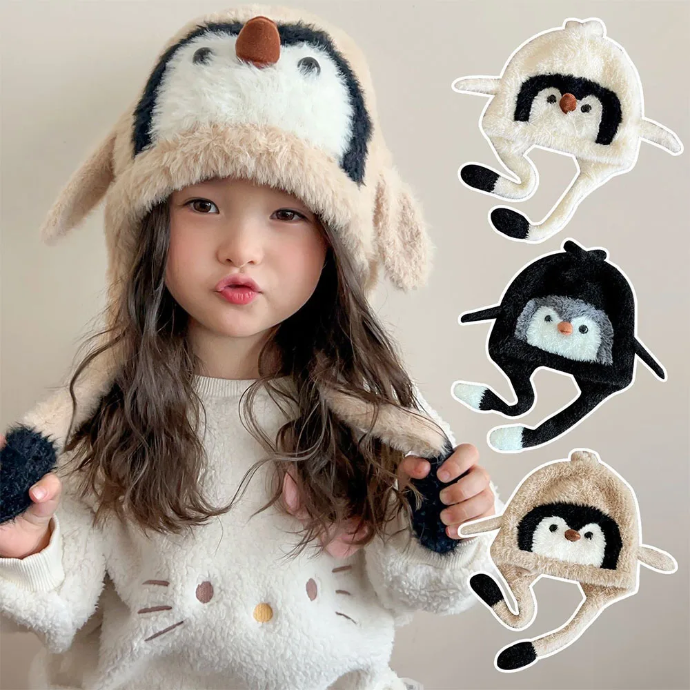 Gorro de pingüino con orejas esponjosas y cierre de cordón invierno - imagen 3