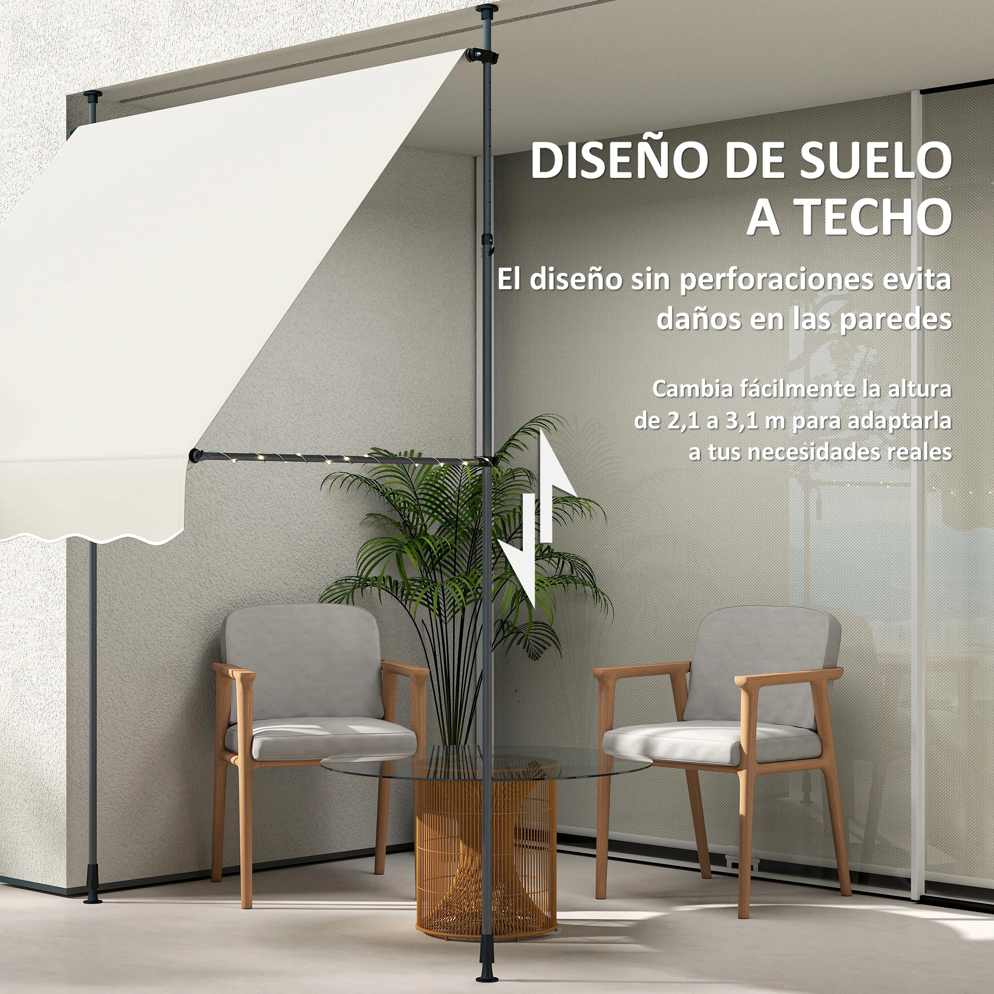 Outsunny Toldo Manual Retráctil 2x1,2 m Toldo Exterior Terraza Enrollable Altura Ajustable con Manivela 210-310 cm Protección UV30+ Sin Taladro para Jardín Balcón Patio Crema - imagen 4