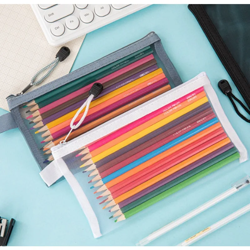 Estuche para lápices con cremallera transparente de nailon, bolsa de papelería transparente con cremallera de Color sólido, estuche de viaje, bolsa de maquillaje para volver a la escuela - imagen 4