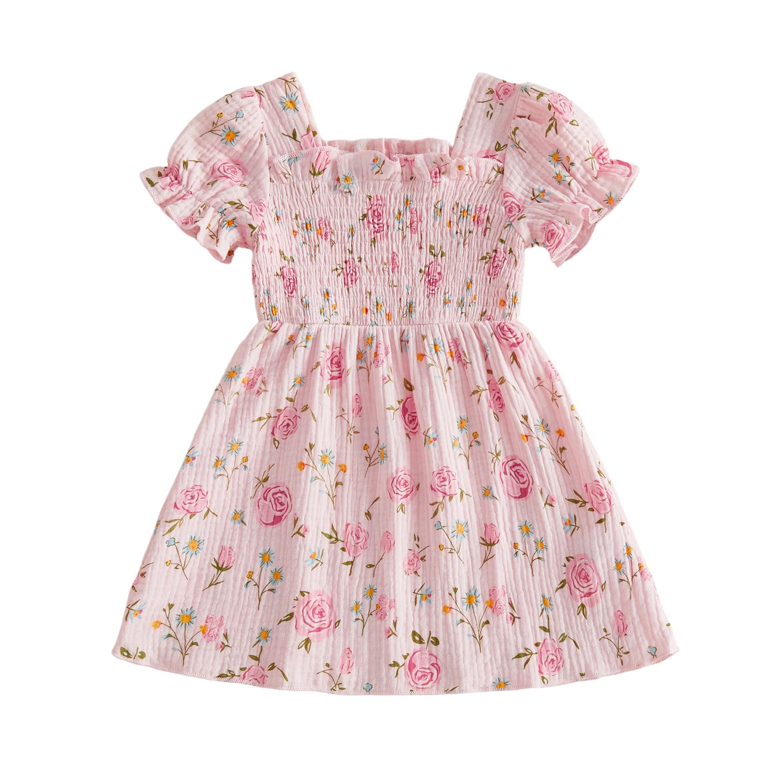 Vestido niña manga corta cuello cuadrado plisado flores verano
