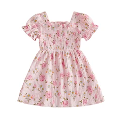 Vestido niña manga corta cuello cuadrado plisado flores verano
