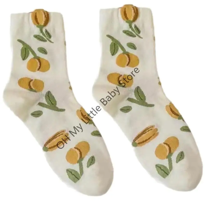 M76C Preppy Styles Middle Tube Socks For Women and Girls Vintage Flower Pattern Knitwear Breathable Hosiery for Pants Skirt - imagen 4