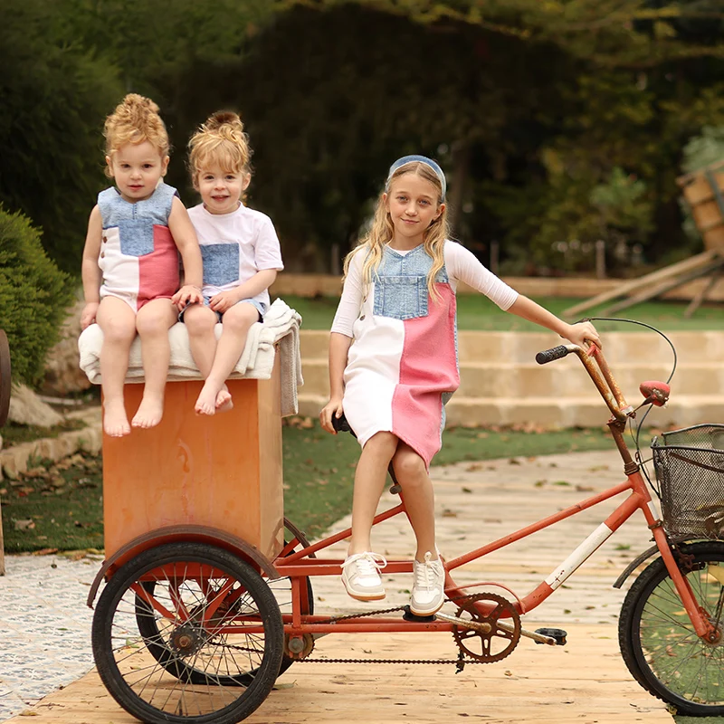 Colección de mezclilla de verano, conjunto de vestido para niñas, peleles bonitos para bebés, camisa informal para niños, falda para niñas, conjunto de ropa familiar con bolsillos en contraste