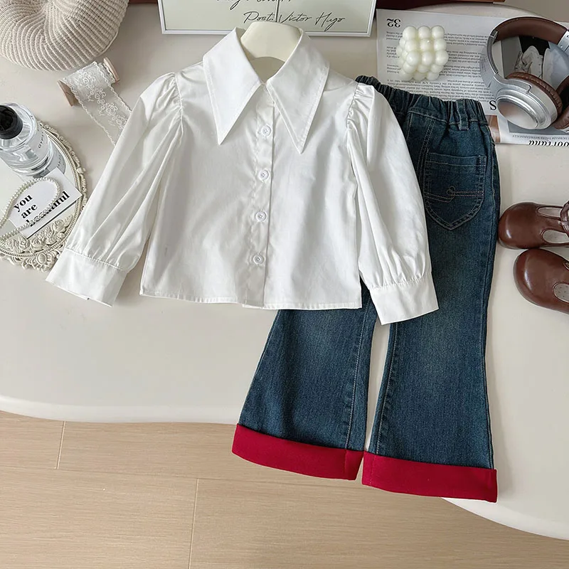 MILANCEL, nuevo conjunto de ropa de otoño para niños, 2-7T, chaleco bonito de Color sólido para niñas, camisa y pantalones vaqueros, versión coreana, traje suelto para niños, 3 uds. - imagen 4