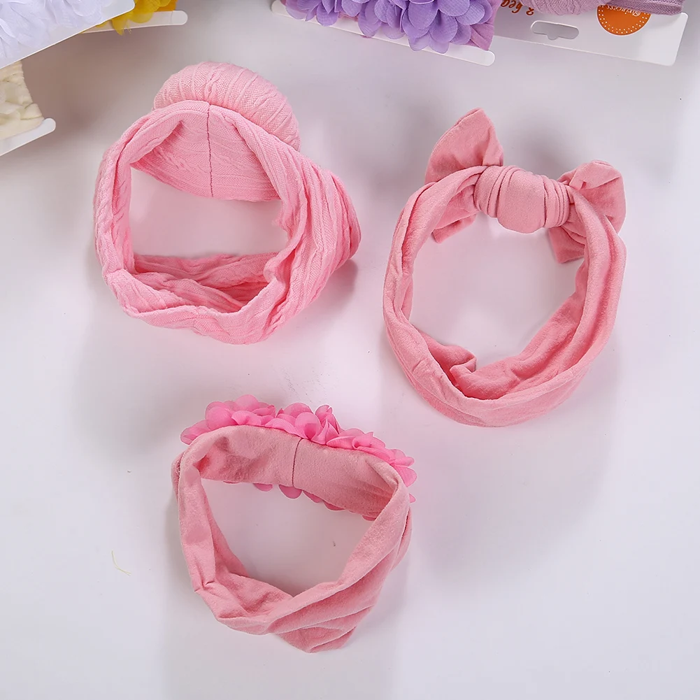 3 unids/set lindo Donut bebé turbante diademas gasa flor Hairbows Nylon Ealstic bandas para el cabello niñas recién nacidas diademas - imagen 3