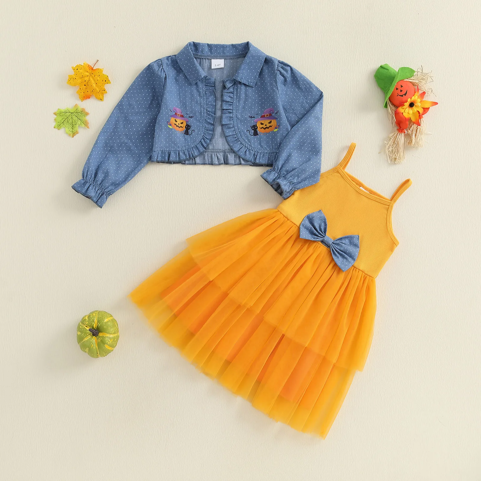 Tregren Vestido Halloween niña – tirantes finos tul estampado calabaza - imagen 2