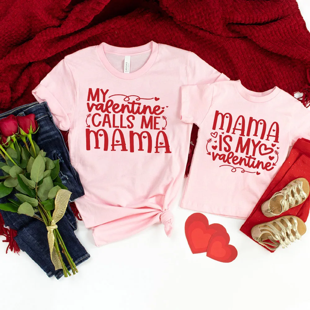 Trajes a juego de San Valentín para la familia, camiseta de My Valentine call Me Mama para mujer, camiseta de Mama Is My Valentine para niños, ropa familiar